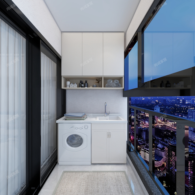 Varanda linear de estilo moderno com porta deslizante